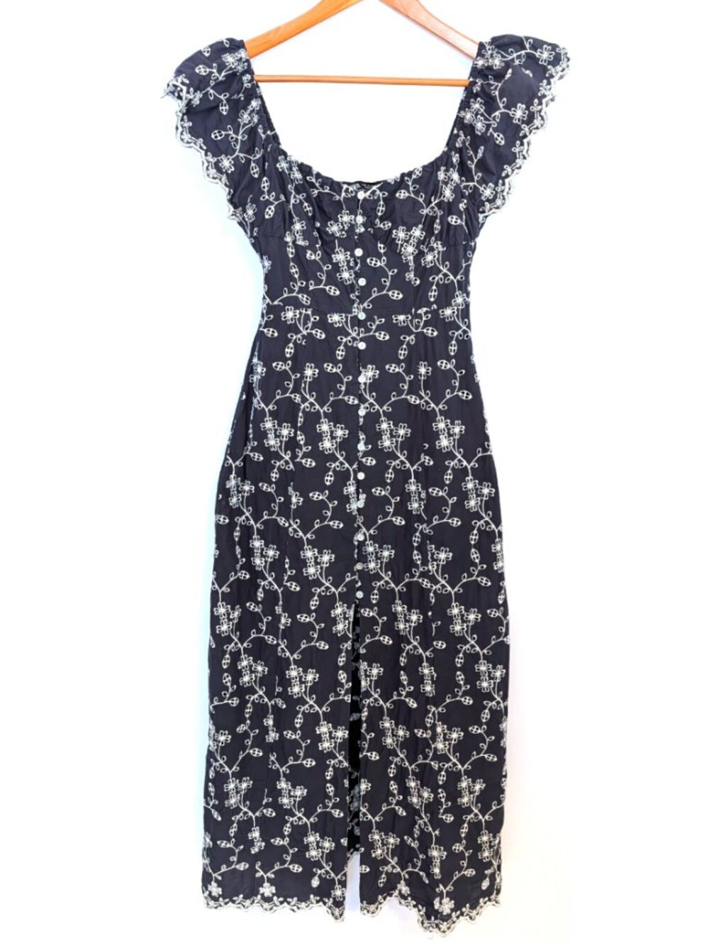 Zara | Cotton Embroidered Eyelet Midi Dress Navy & White | Size XS - Picture 5 of 12